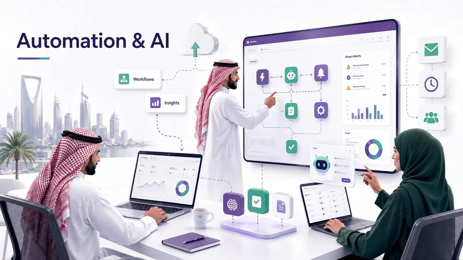 تدفقات عمل ذكية وتنبيهات ورؤى ومساعدون بالذكاء الاصطناعي متصلون بأعمالك.